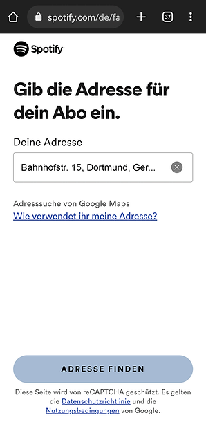 Adressfeld, das Spotify beim Beitritt anzeigt